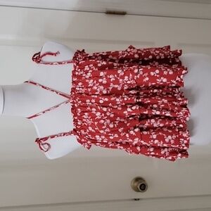 Hashttag Size S Brick Red and White Floral Tiered Halter Top, Tie Shoulders, EUC